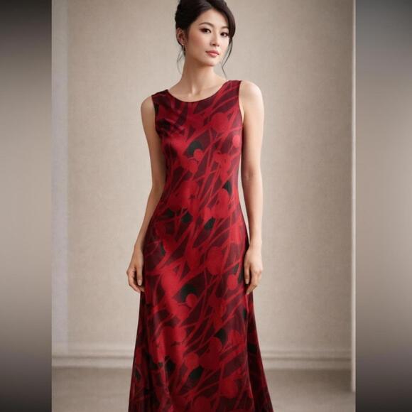 Calvin Klein Y2K Silk Dress Maxi Black Tie Wedding 90's Slip Art Floral NWOT